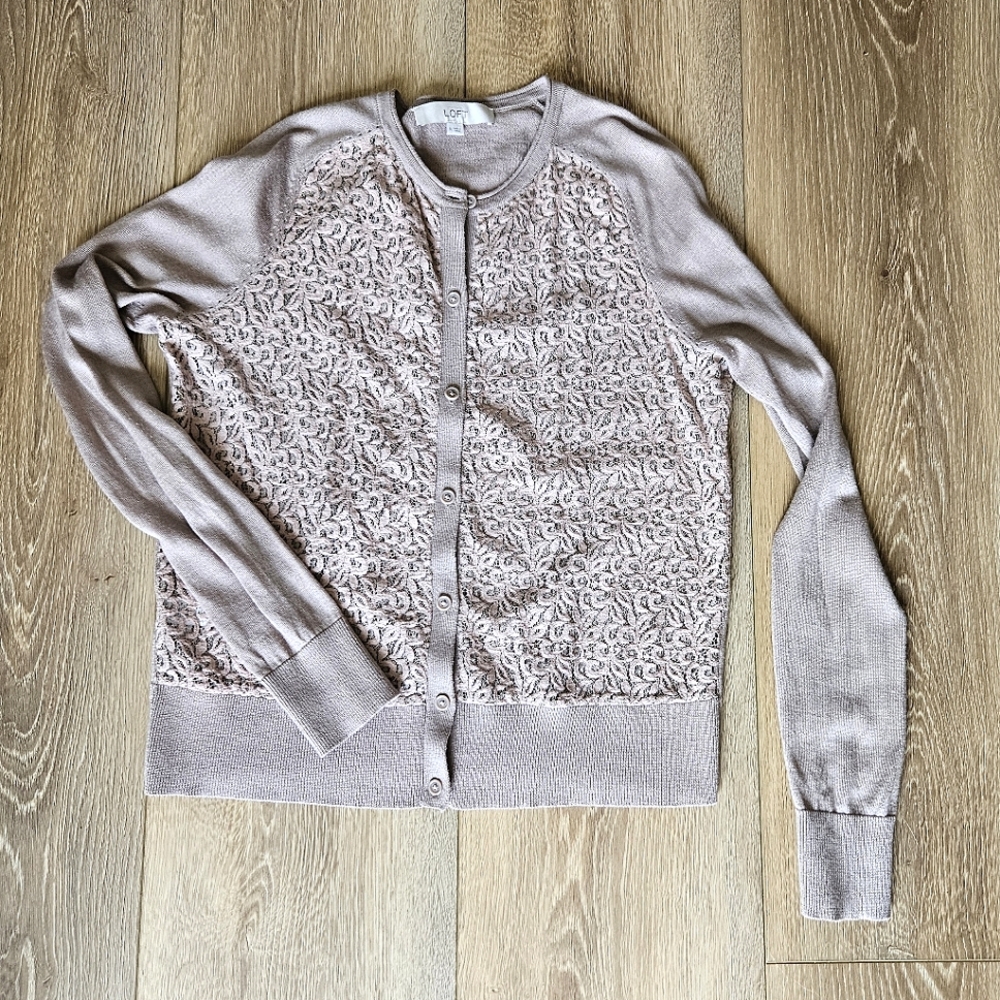 The Loft Tan Khaki Brown Front Lace Button Up Cardigan Sweater | Medium